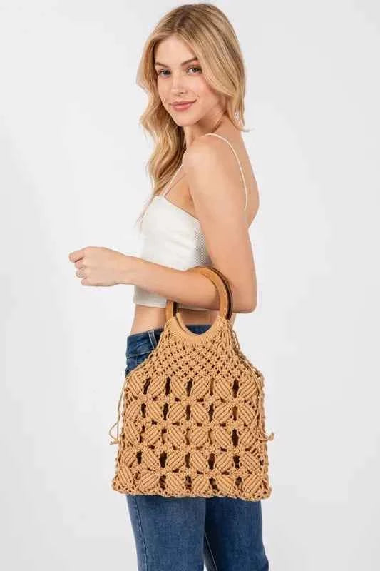 Fame Boho Braided Wooden Top Handle Bag