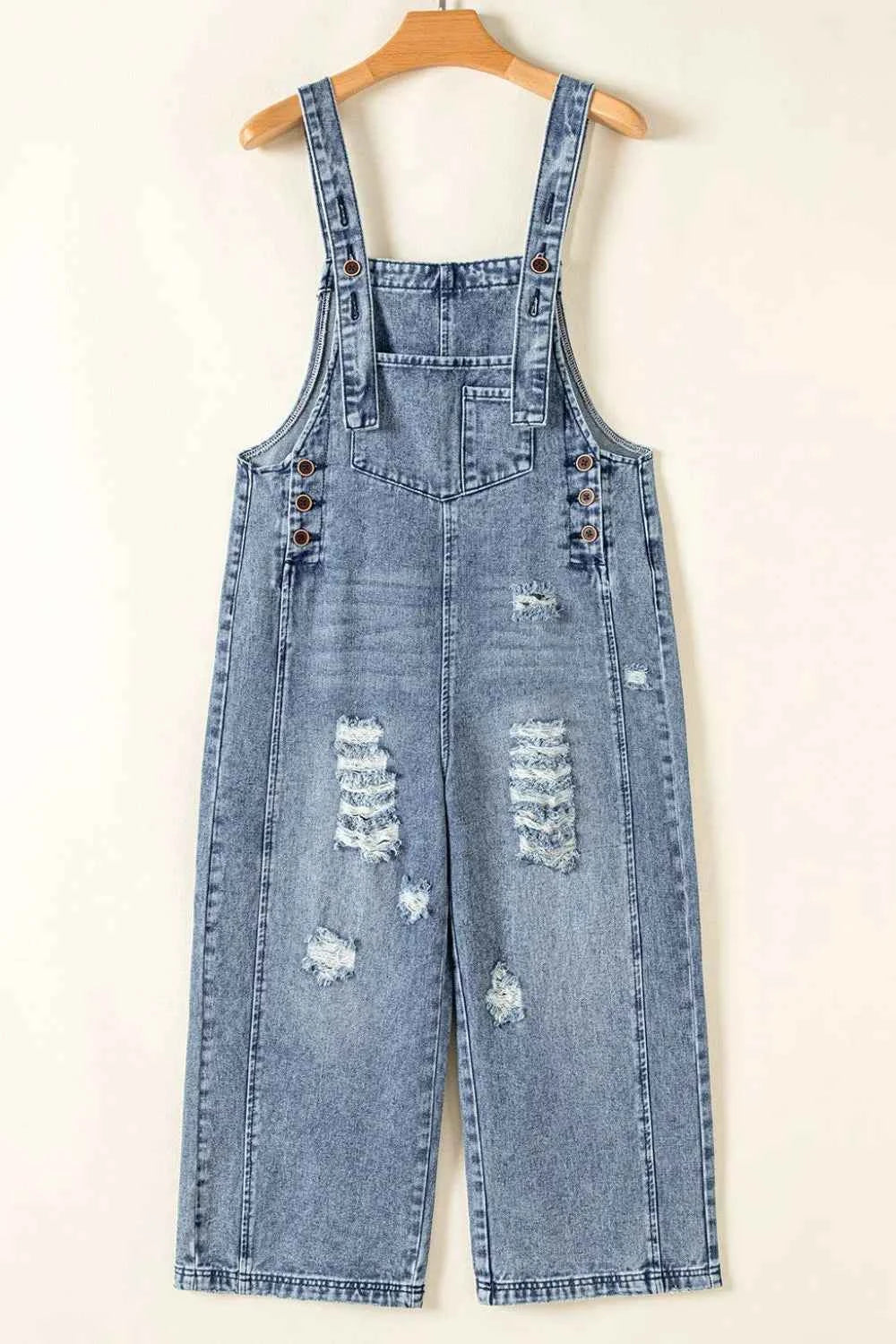 Distressed Bib Pocket Wide Leg Denim Overalls