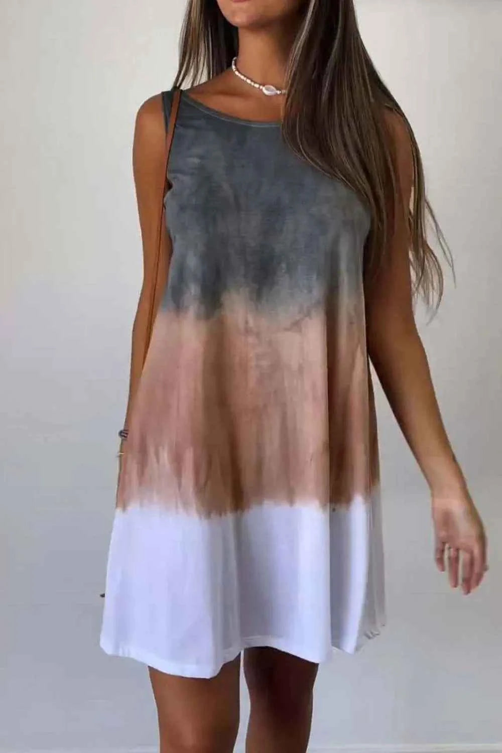 Full Size Tie-Dye Sleeveless Mini Tank Dress Plus Size Camel