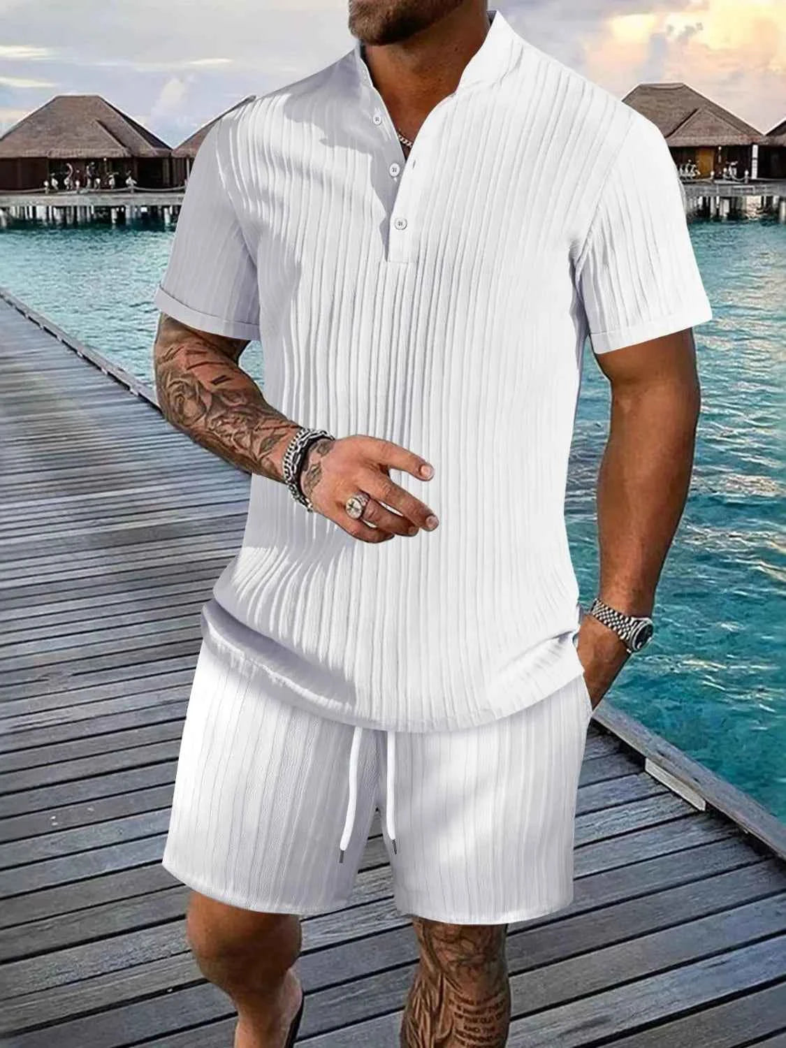 Signature Men's Full Size Button Detail Short Sleeve Top and Shorts Set Plus Size White S