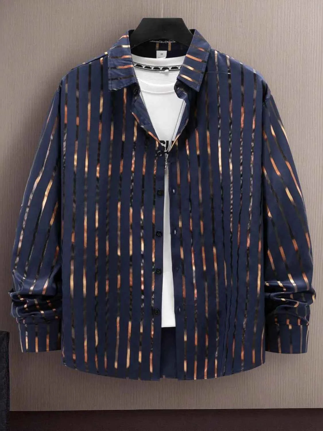 Men's Full Size Striped Button Up Long Sleeve Shirt Plus Size Navy