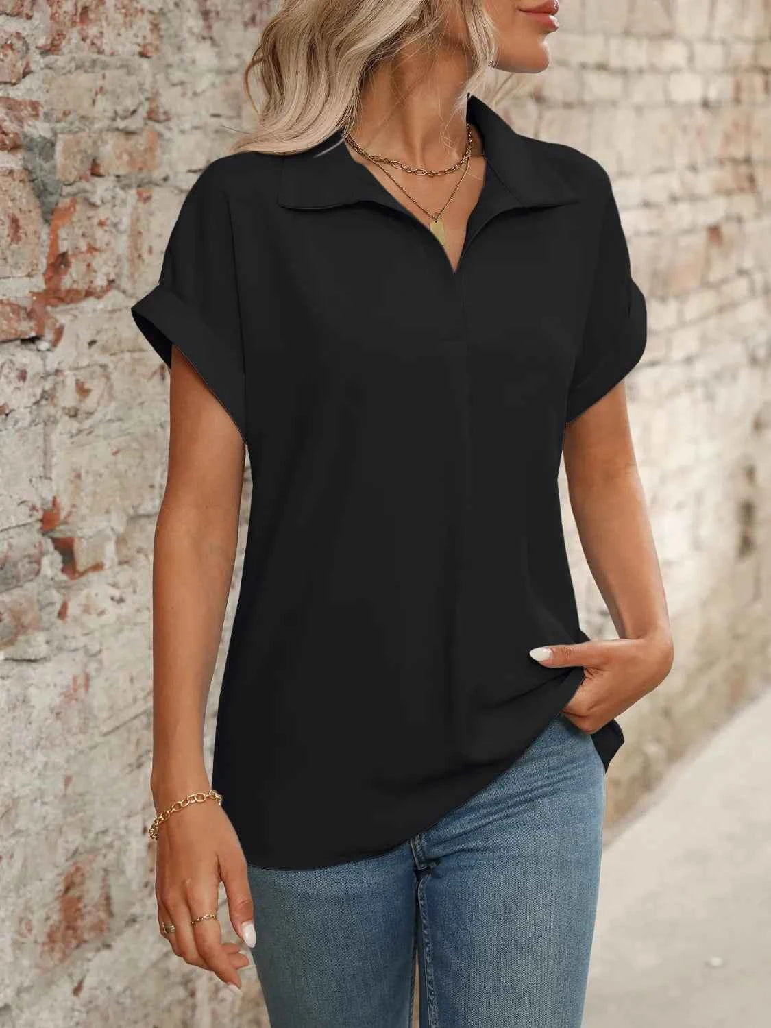Collared Neck Short Sleeve Blouse