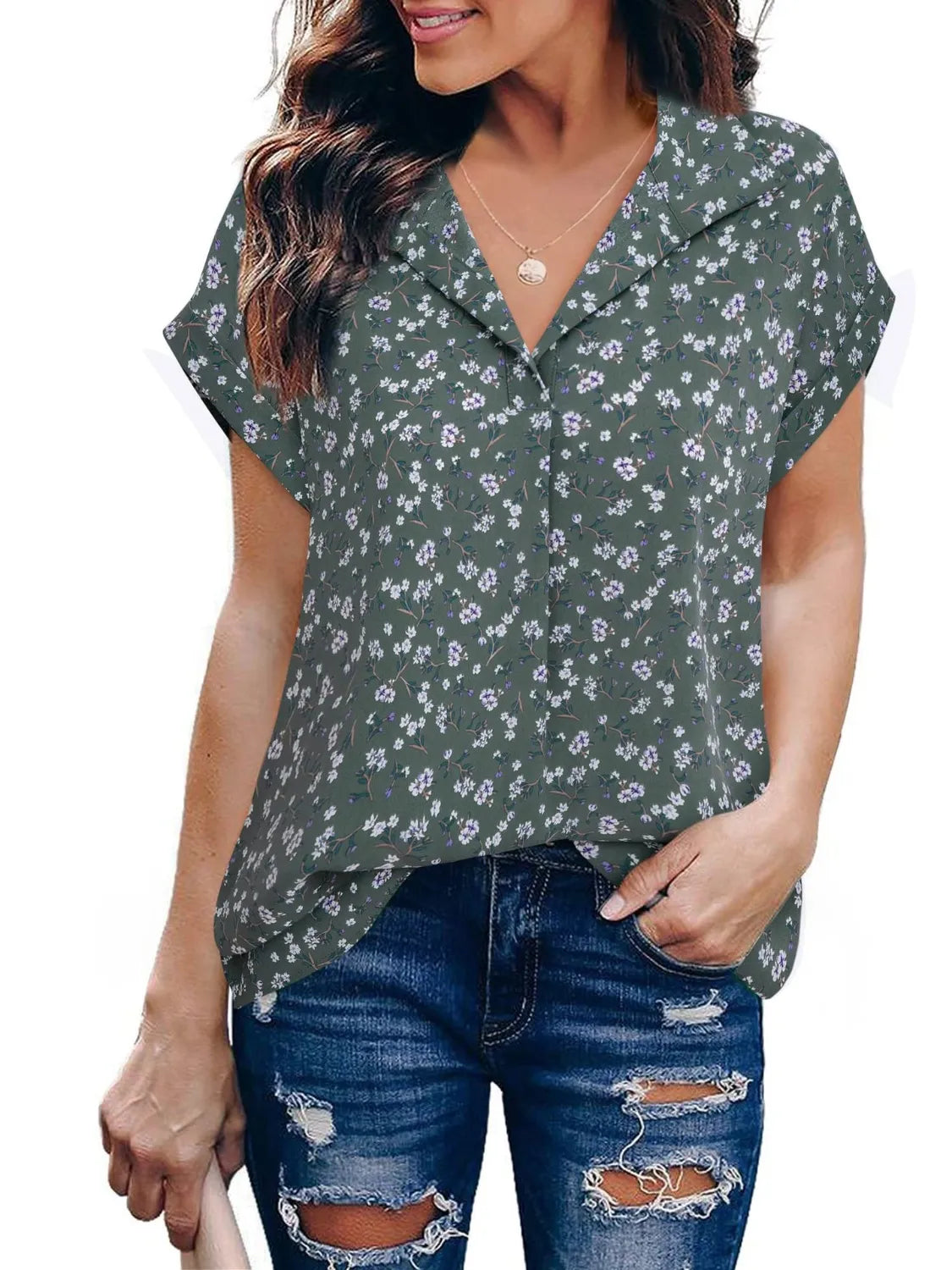 Collared Neck Short Sleeve Blouse