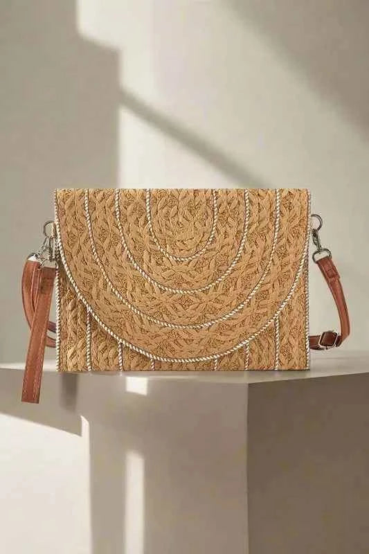 Fame Stitch Detailed Straw Crossbody Bag Taupe One Size