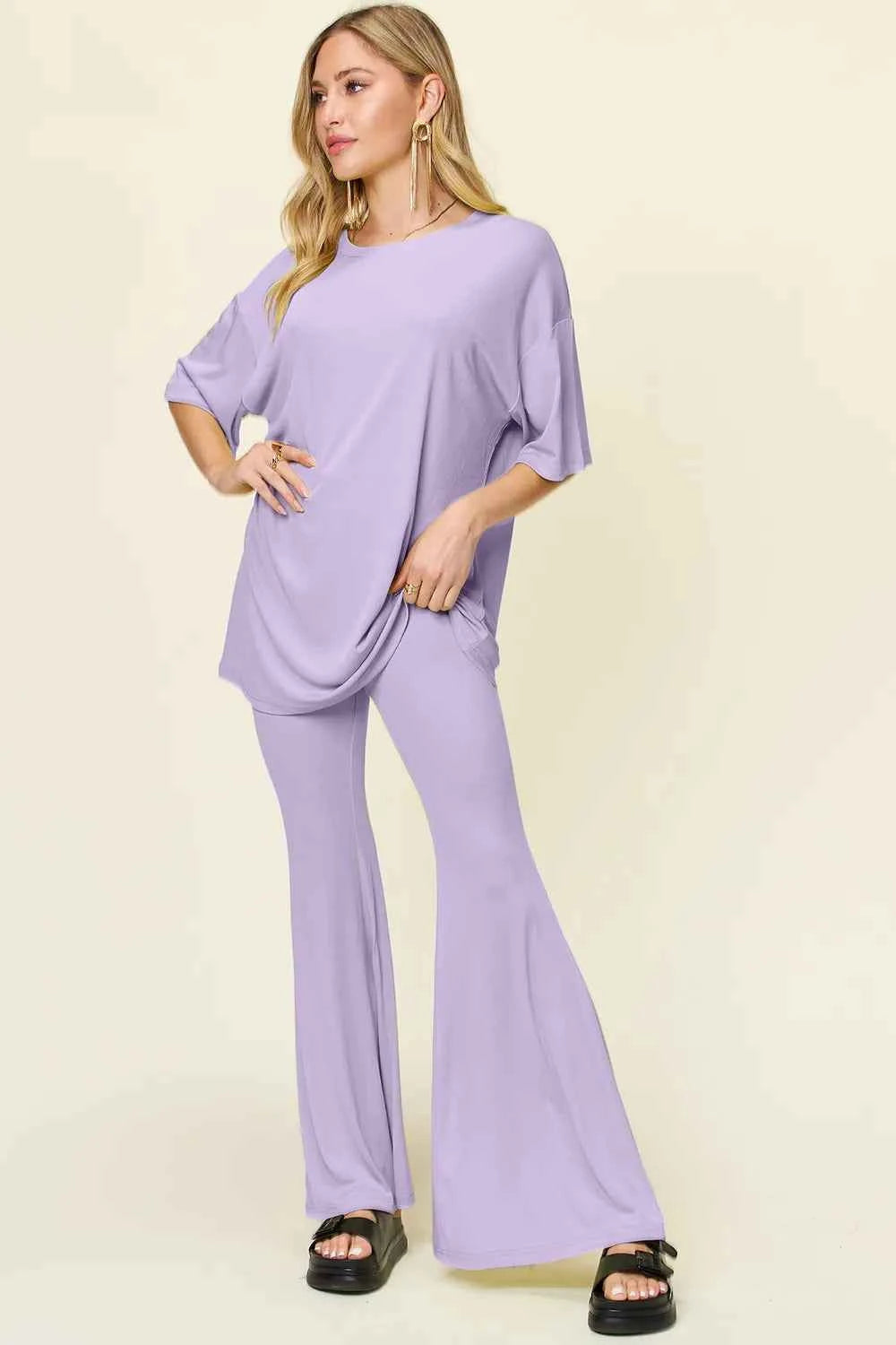 Double Take Full Size Round Neck Drop Shoulder T-Shirt and Flare Pants Set