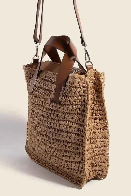Fame Faux Leather Handle Straw Braided Handbag
