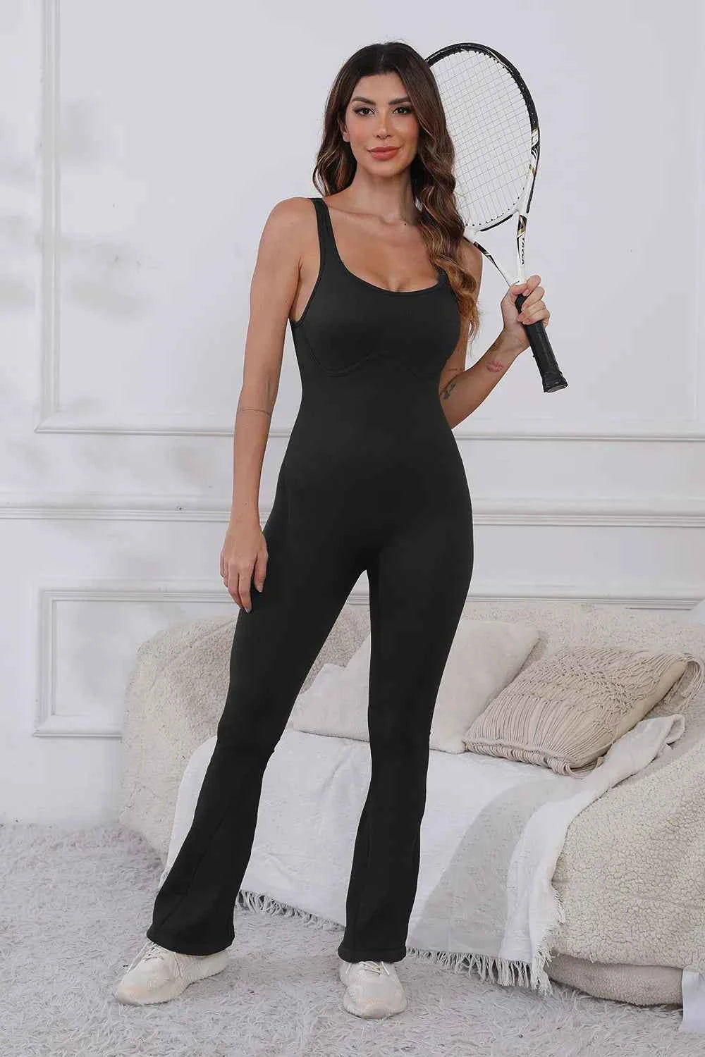 Signature Scoop Neck Wide Strap Active Jumpsuit Black S