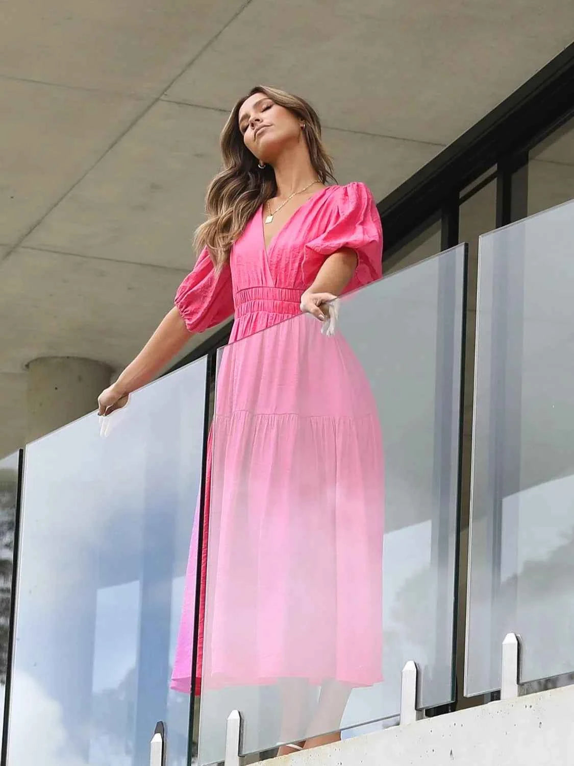 Surplice Half Puff Sleeve Midi Dress
