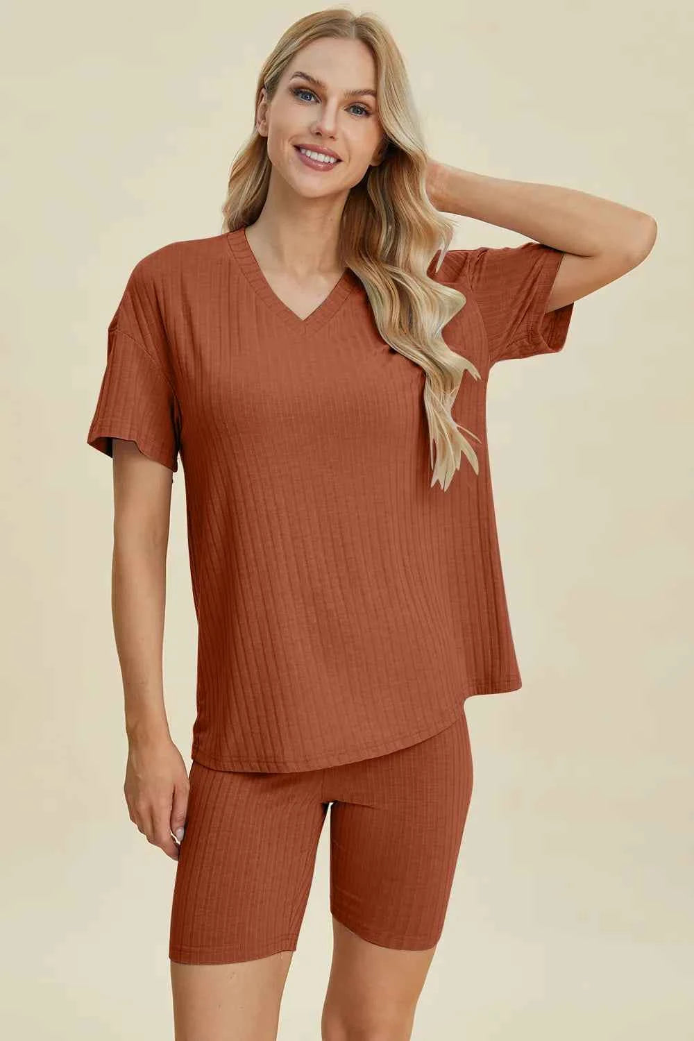 Signature Basic Bae Full Size Ribbed V-Neck Short Sleeve Top and Shorts Set