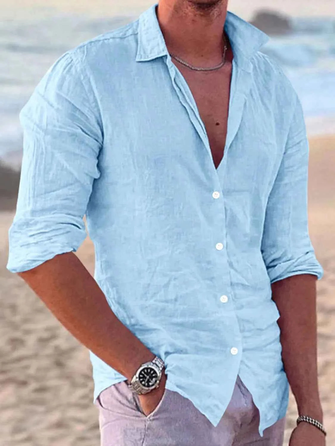 Men's Full Size Button Up Long Sleeve Shirt Plus Size Light Blue