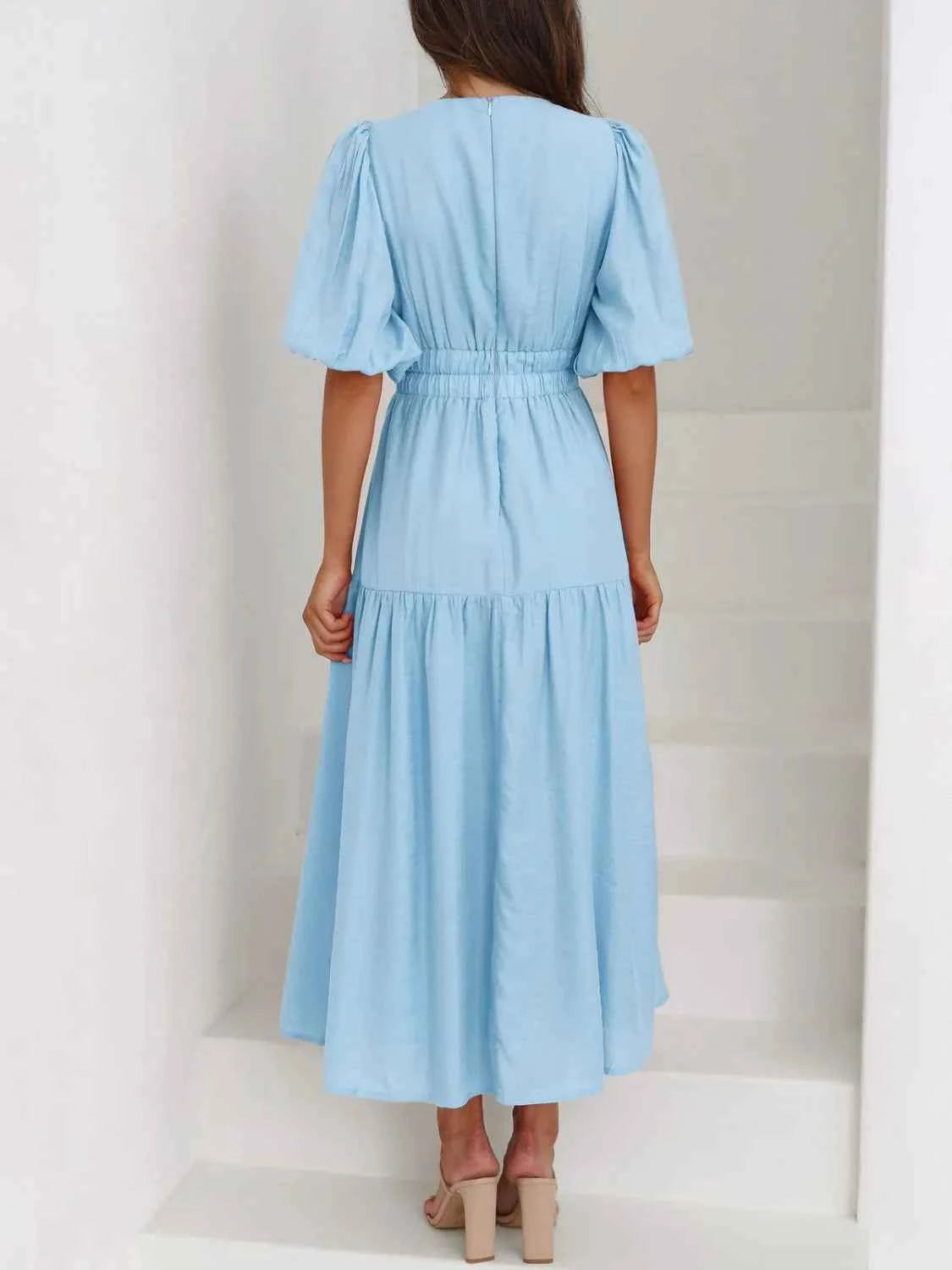 V-Neck Puff Sleeve Midi Dress
