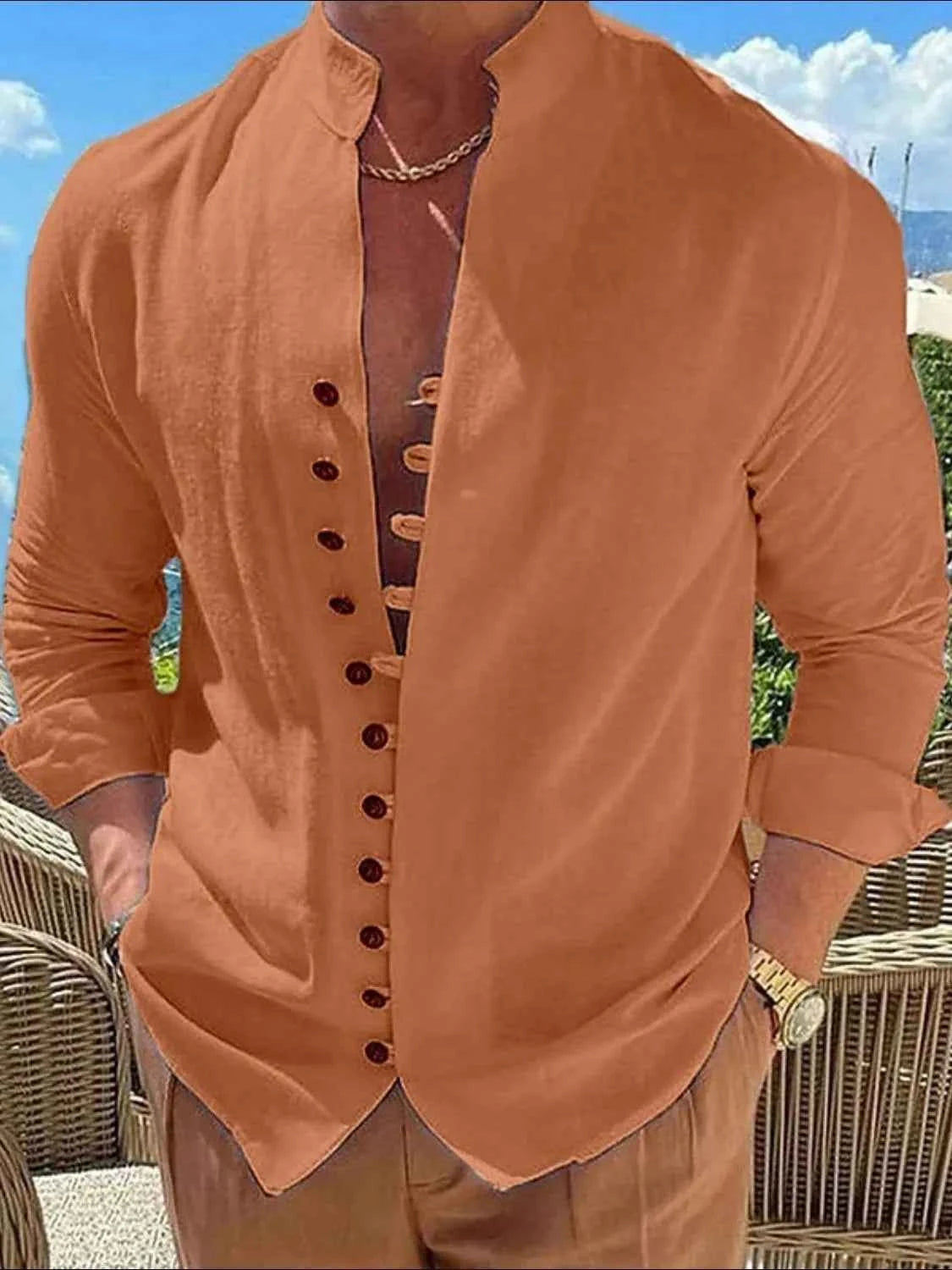 Men's Full Size Button Up Long Sleeve Shirt Plus Size Caramel