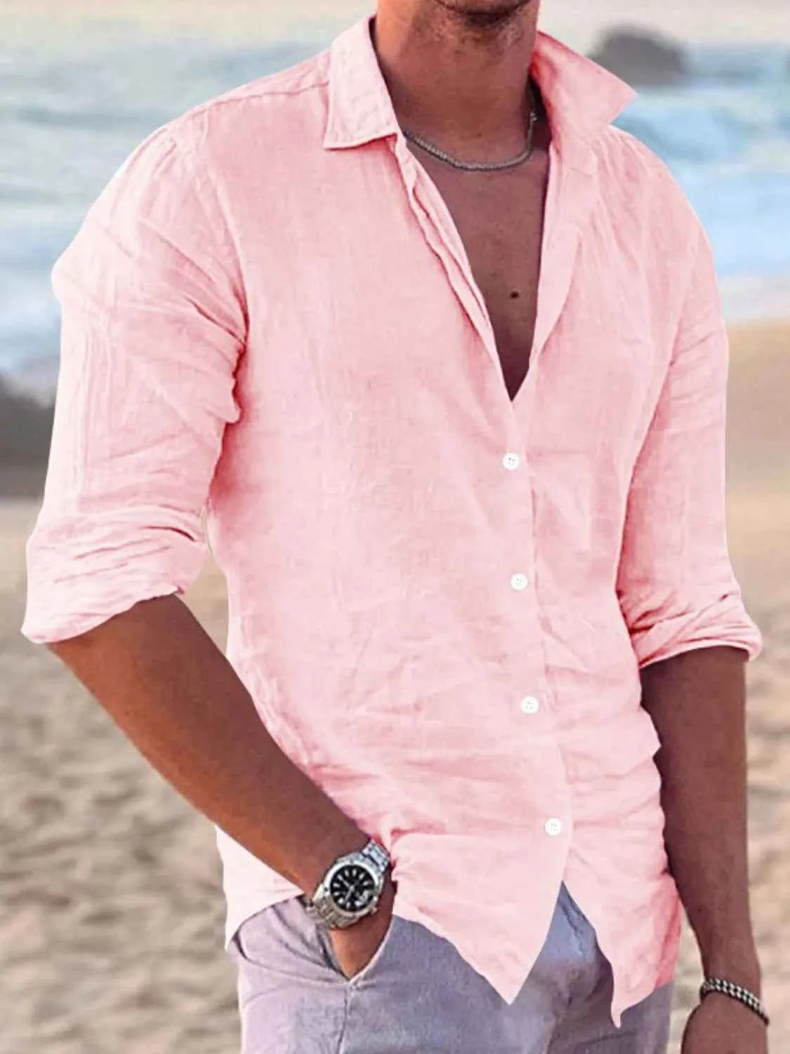 Men's Full Size Button Up Long Sleeve Shirt Plus Size Blush Pink