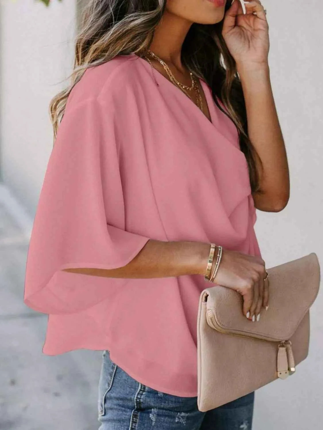Full Size Ruched Three-Quarter Sleeve Blouse Plus Size