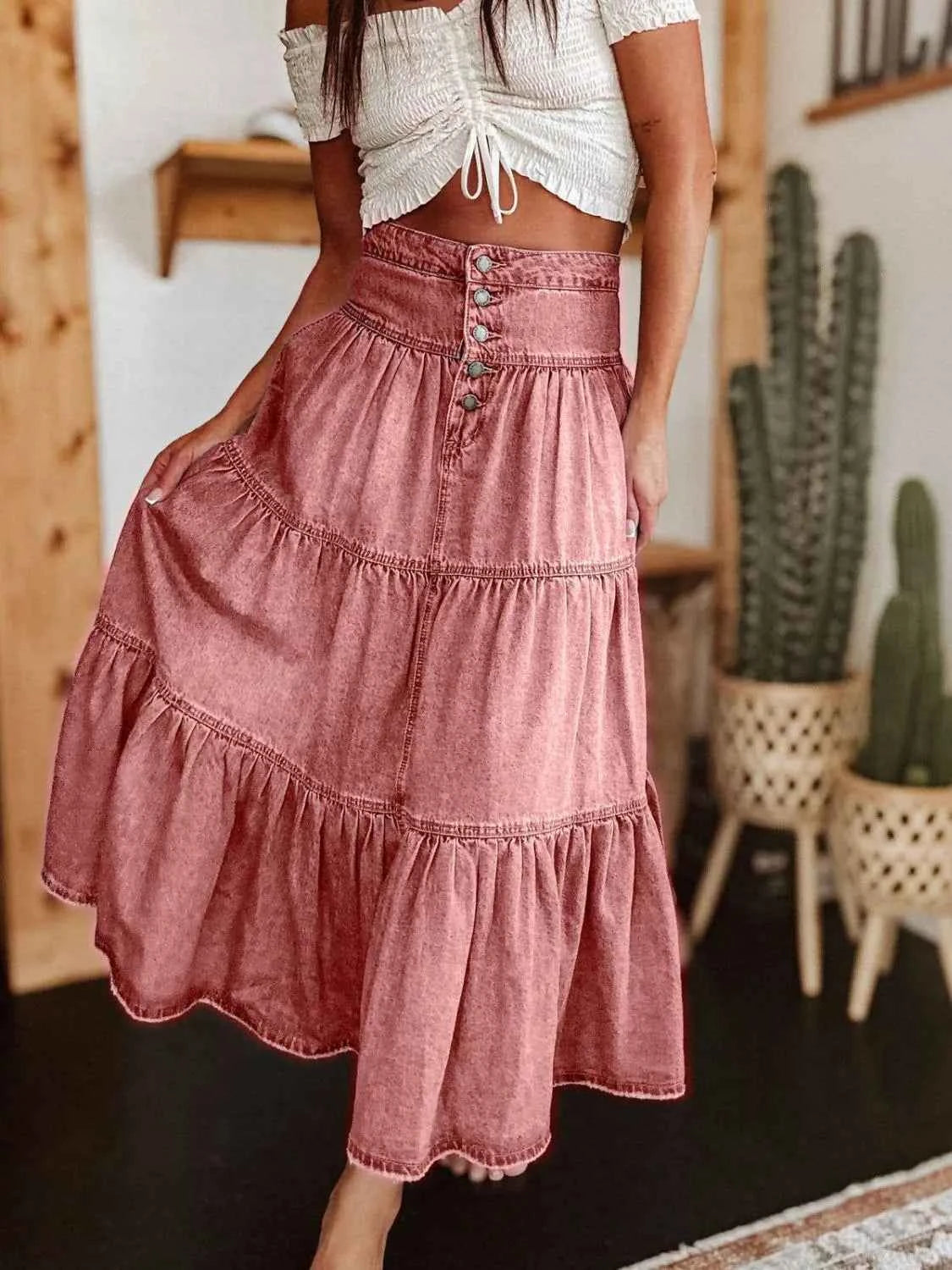 Ruched Button Fly Denim Skirt