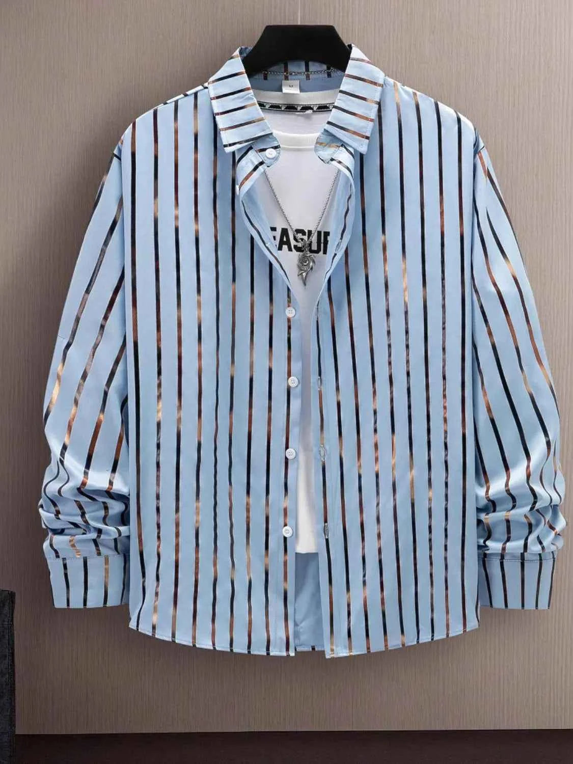 Men's Full Size Striped Button Up Long Sleeve Shirt Plus Size Light Blue