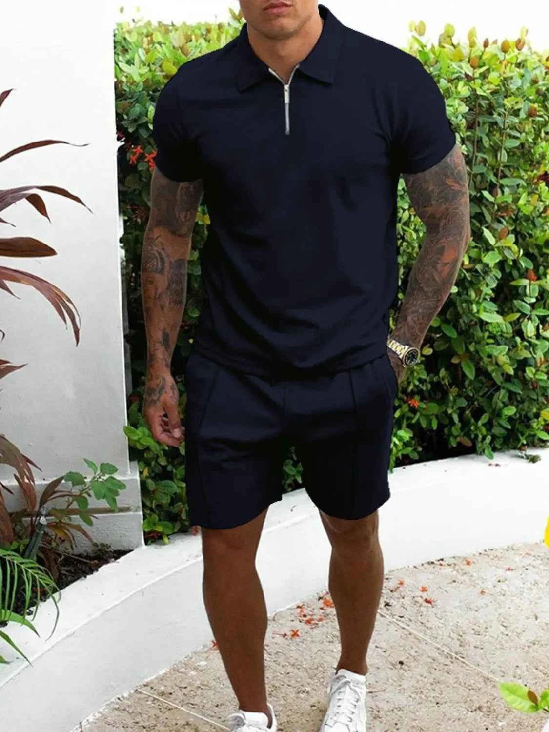 Men's Full Size Collared Neck Short Sleeve Top and Shorts Set Plus Size Navy