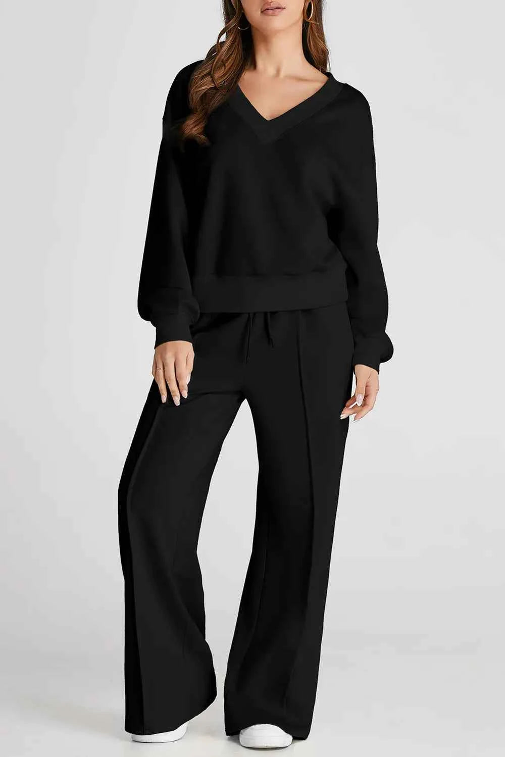 Premium Elite V-Neck Long Sleeve Top and Pants Active Set Black S