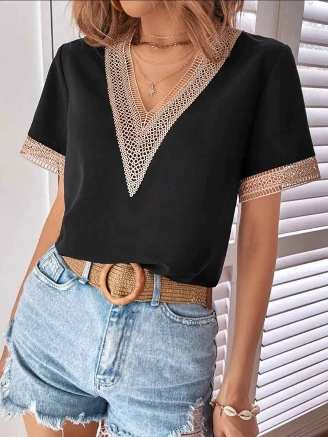 Full Size V-Neck Short Sleeve Blouse Plus Size Black