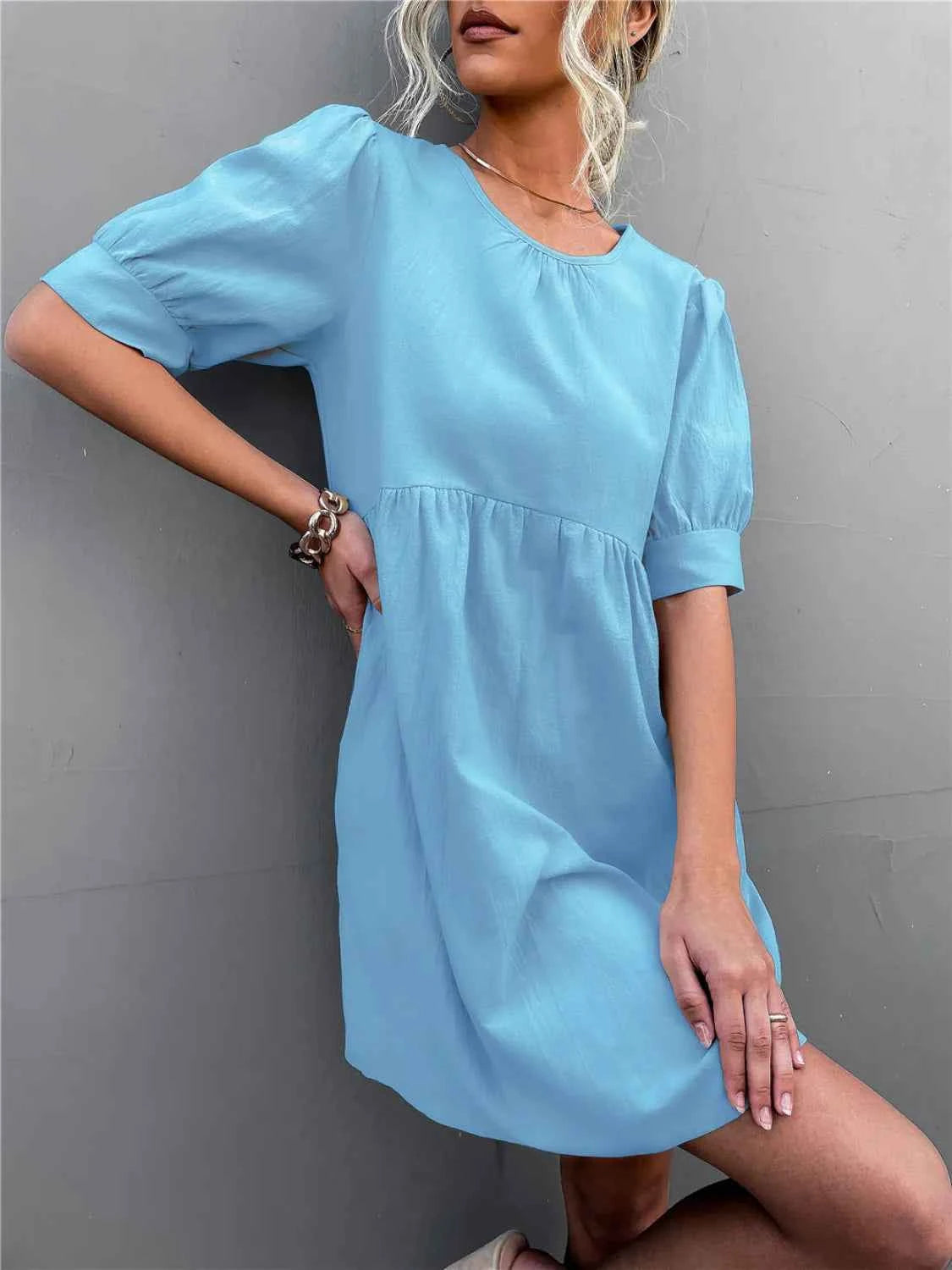 Round Neck Puff Sleeve Mini Dress