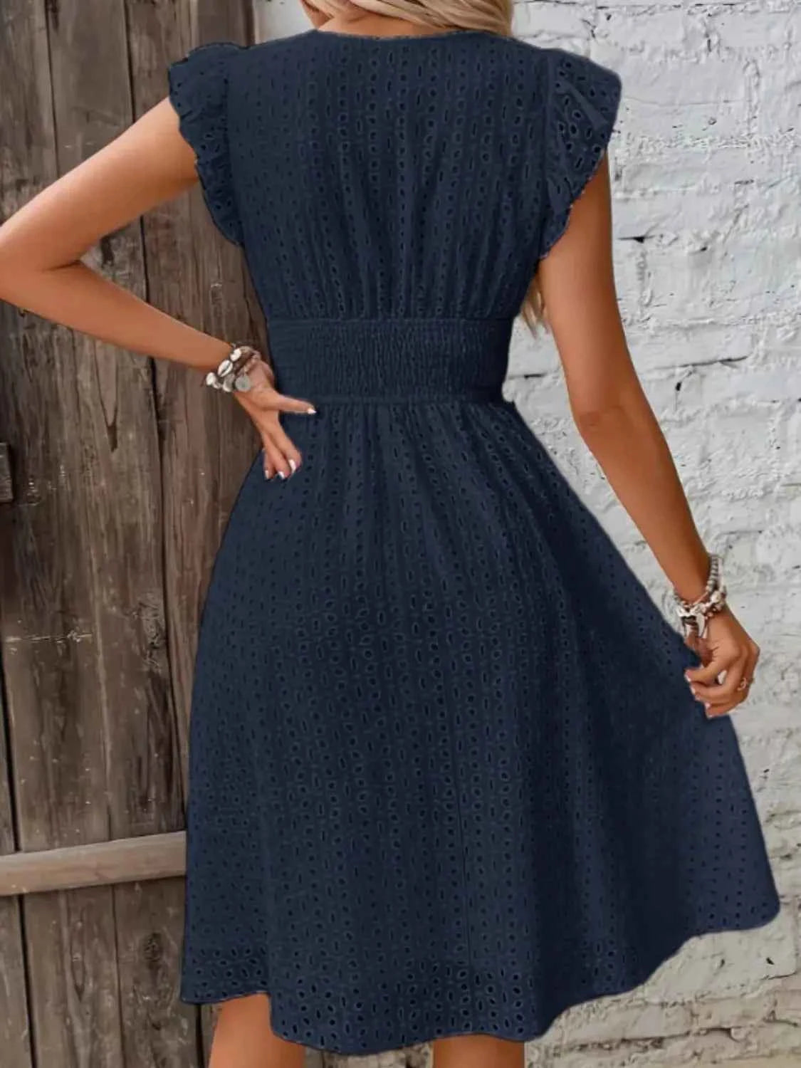 Eyelet Surplice Cap Sleeve Dress