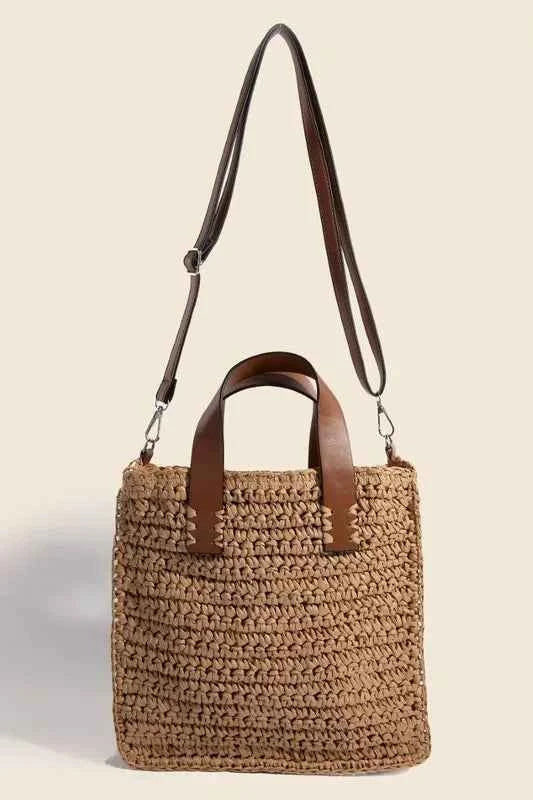 Fame Faux Leather Handle Straw Braided Handbag
