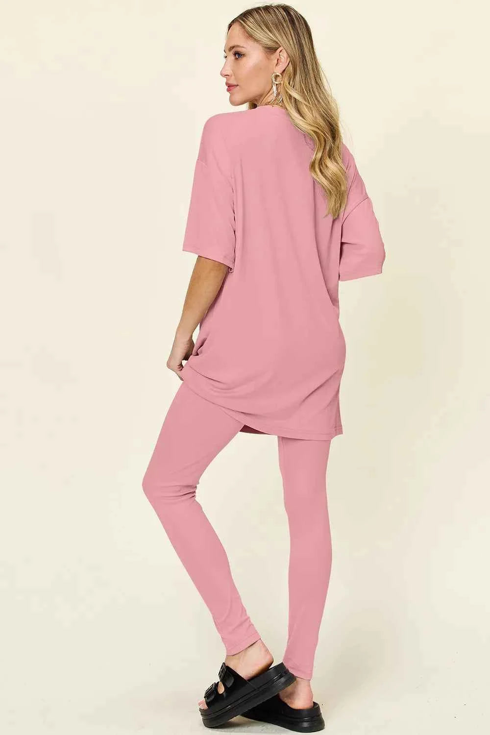 Double Take Full Size Round Neck Dropped Shoulder T-Shirt and Leggings Set