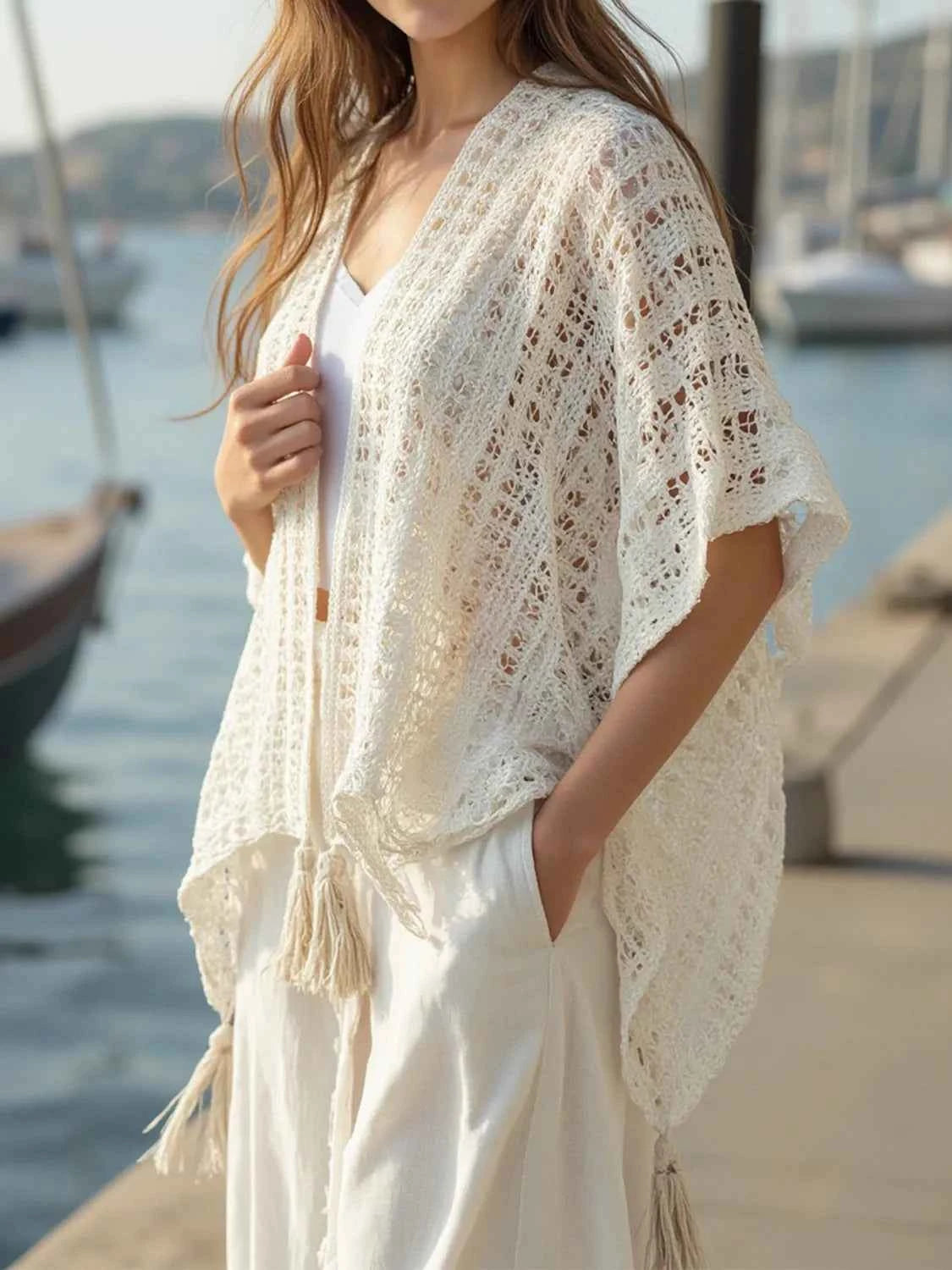 Openwork Tassel Open Front Knit Cover Up Cream One-size