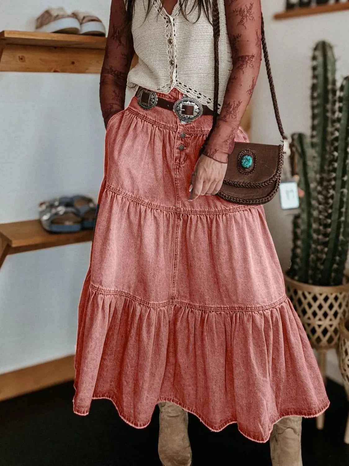 Ruched Button Fly Denim Skirt