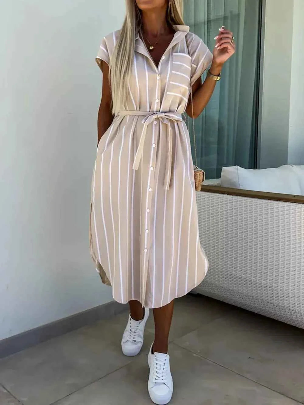 Signature Striped Tie Waist Short Sleeve Dress Apricot S