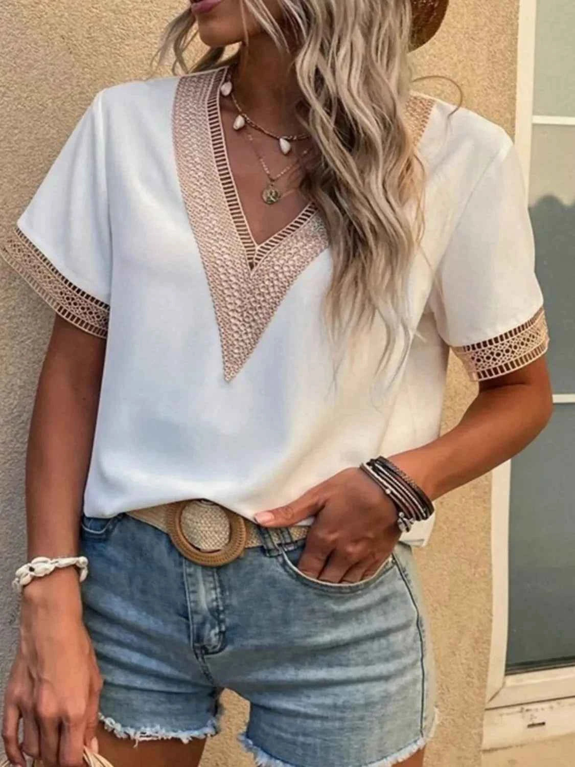 Full Size V-Neck Short Sleeve Blouse Plus Size