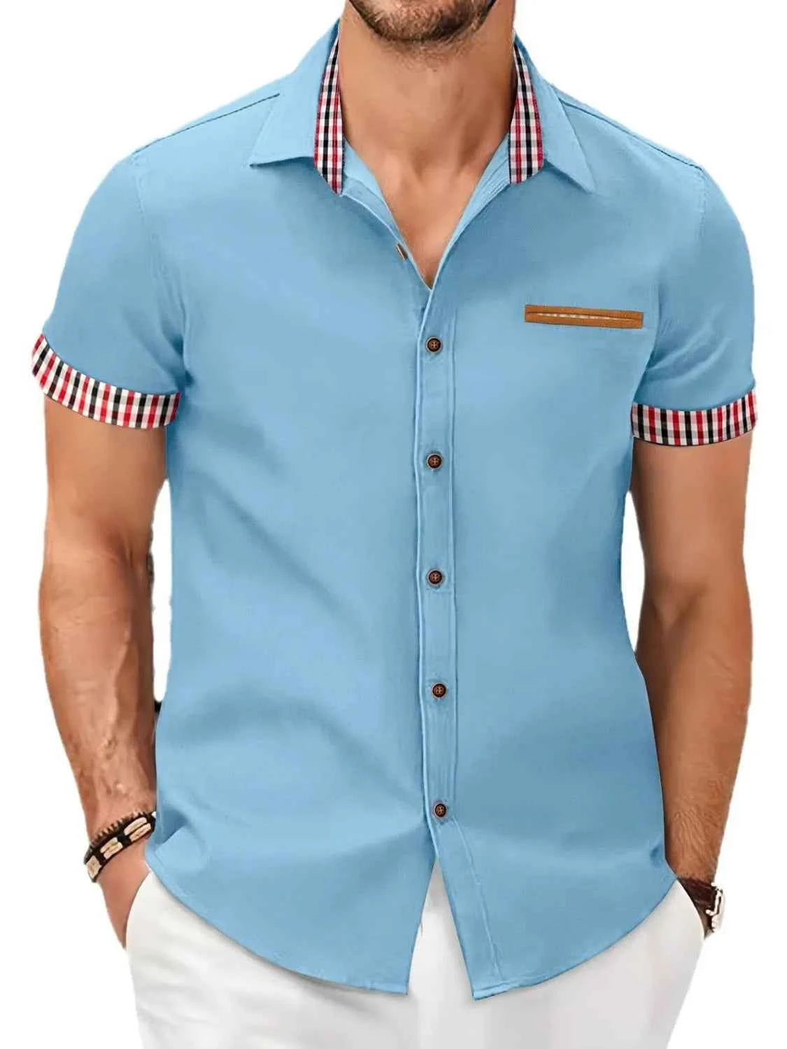 Men's Full Size Button Up Short Sleeve Shirt Plus Size Sky Blue