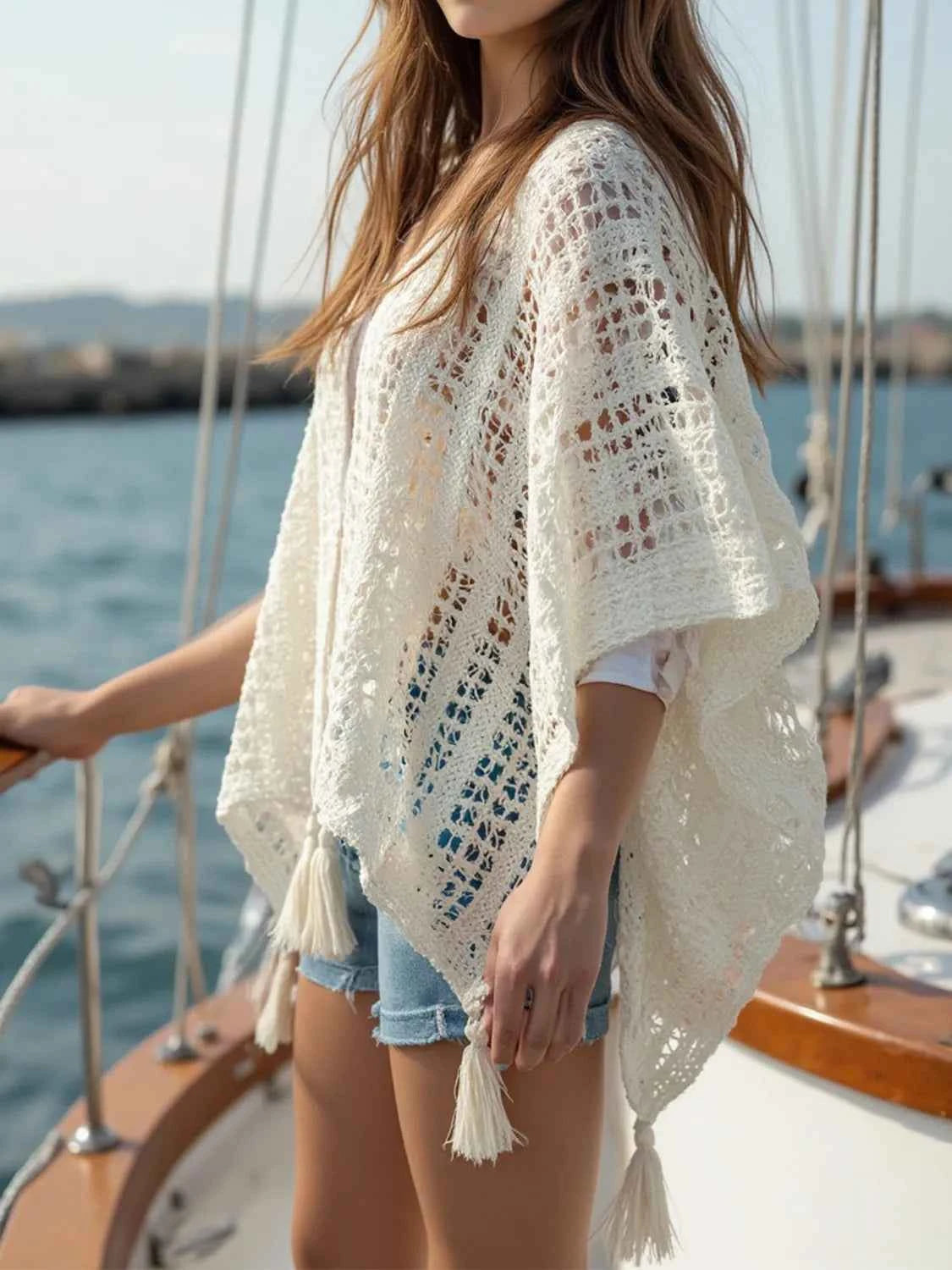 Openwork Tassel Open Front Knit Cover Up