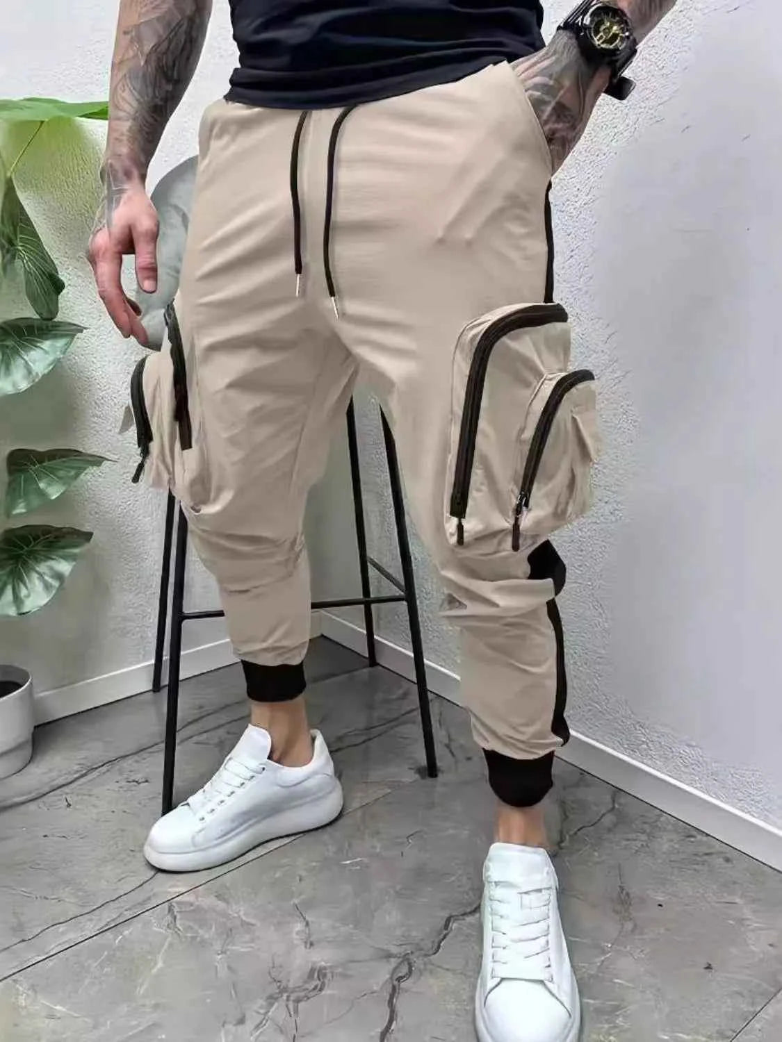 Men's Full Size Drawstring Joggers with Pockets Plus Size Khaki