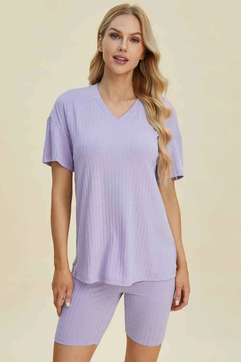 Basic Bae Full Size Ribbed V-Neck Short Sleeve Top and Shorts Set