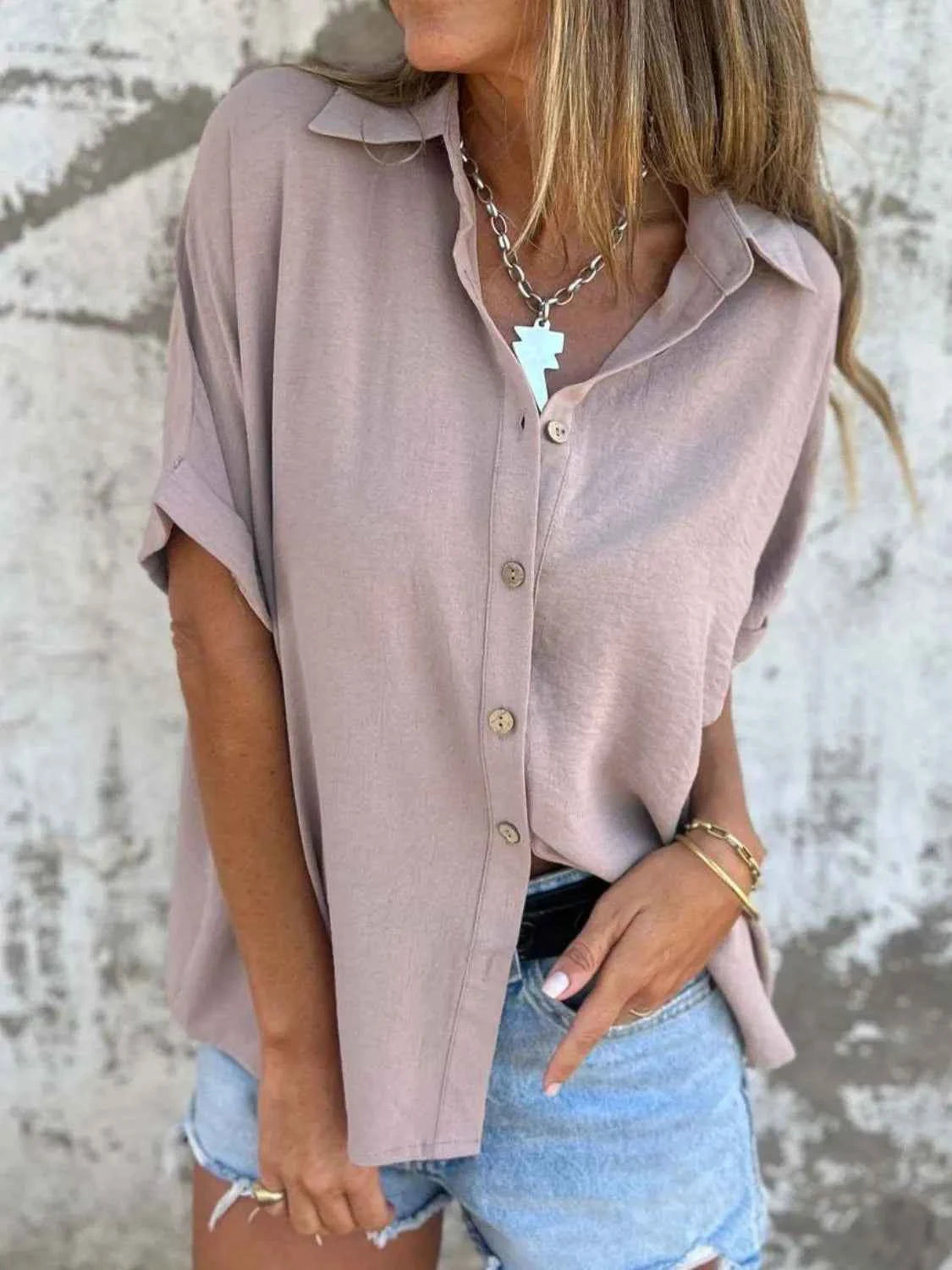 Full Size Collared Neck Half Sleeve Shirt Plus Size Dusty Pink