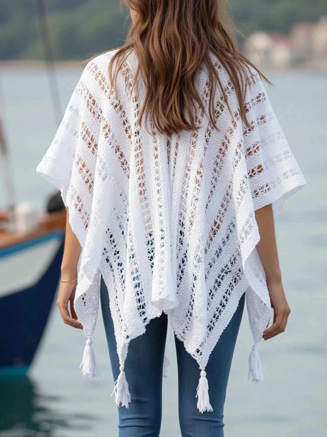 Openwork Tassel Open Front Knit Cover Up