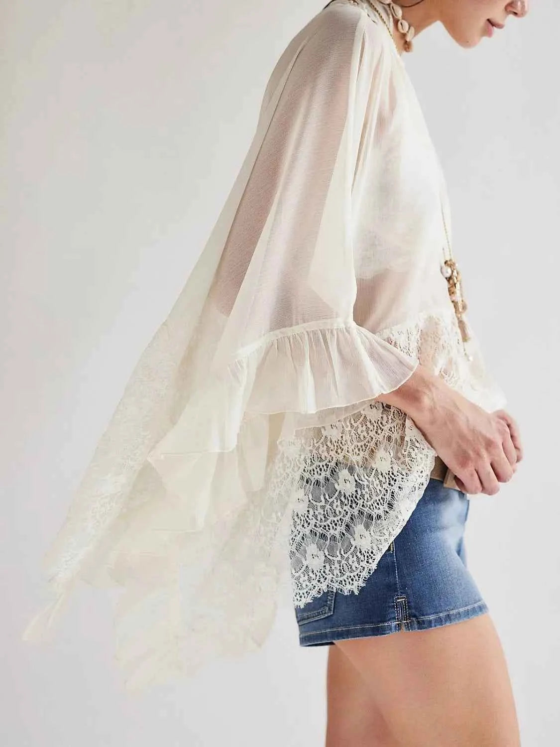 Lace V-Neck Ruffle Long Sleeve Cover-Up