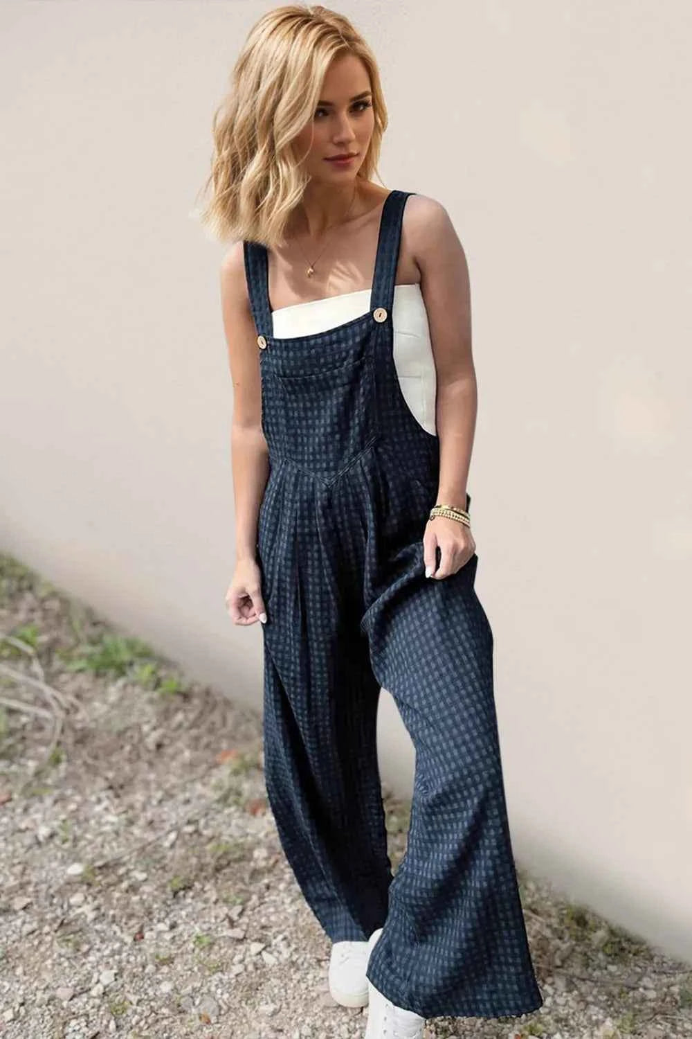 Premium Elite Oh Full Size Plaid Wide Leg Overalls with Pockets Peacock Blue S