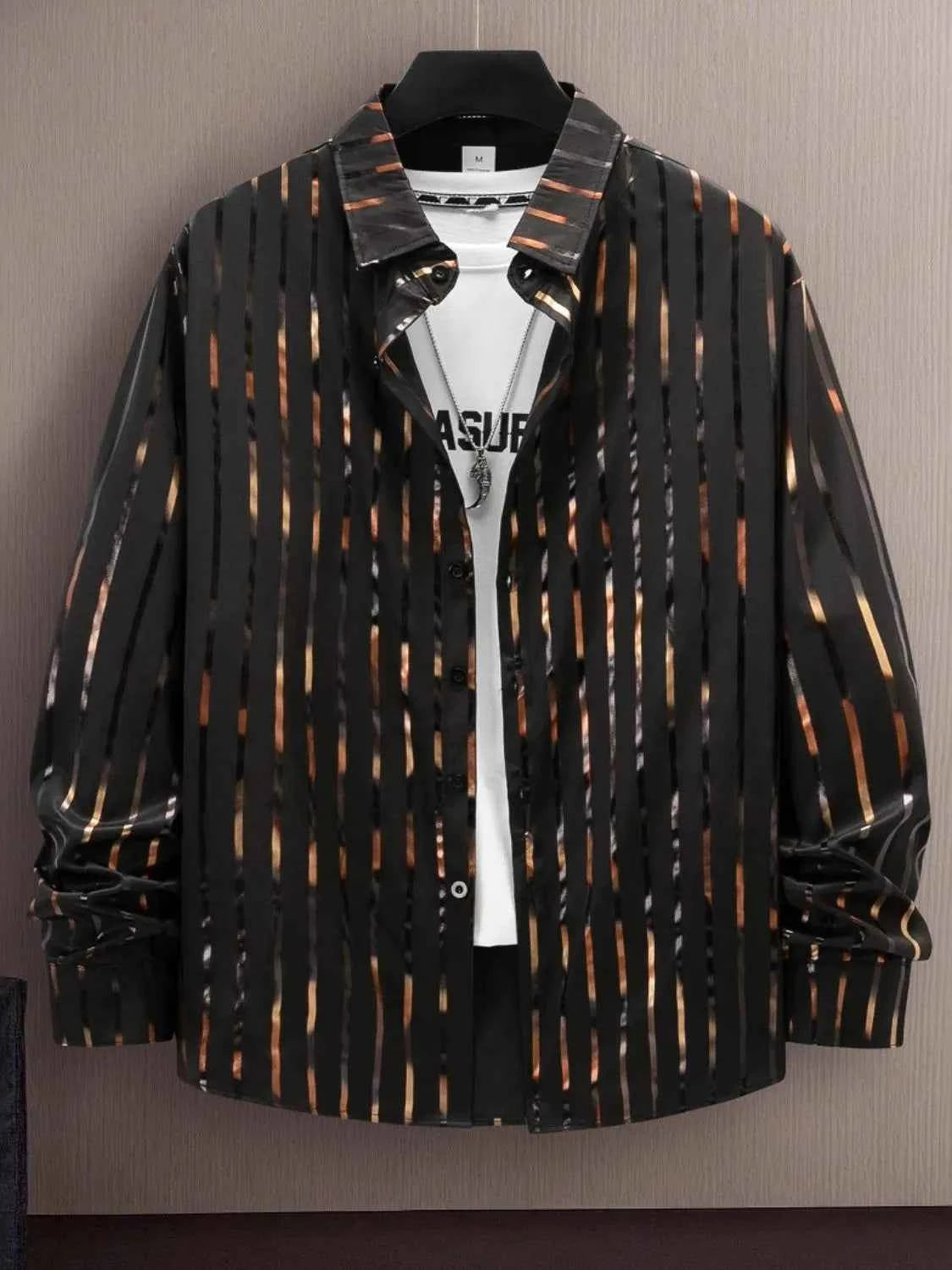 Men's Full Size Striped Button Up Long Sleeve Shirt Plus Size Black
