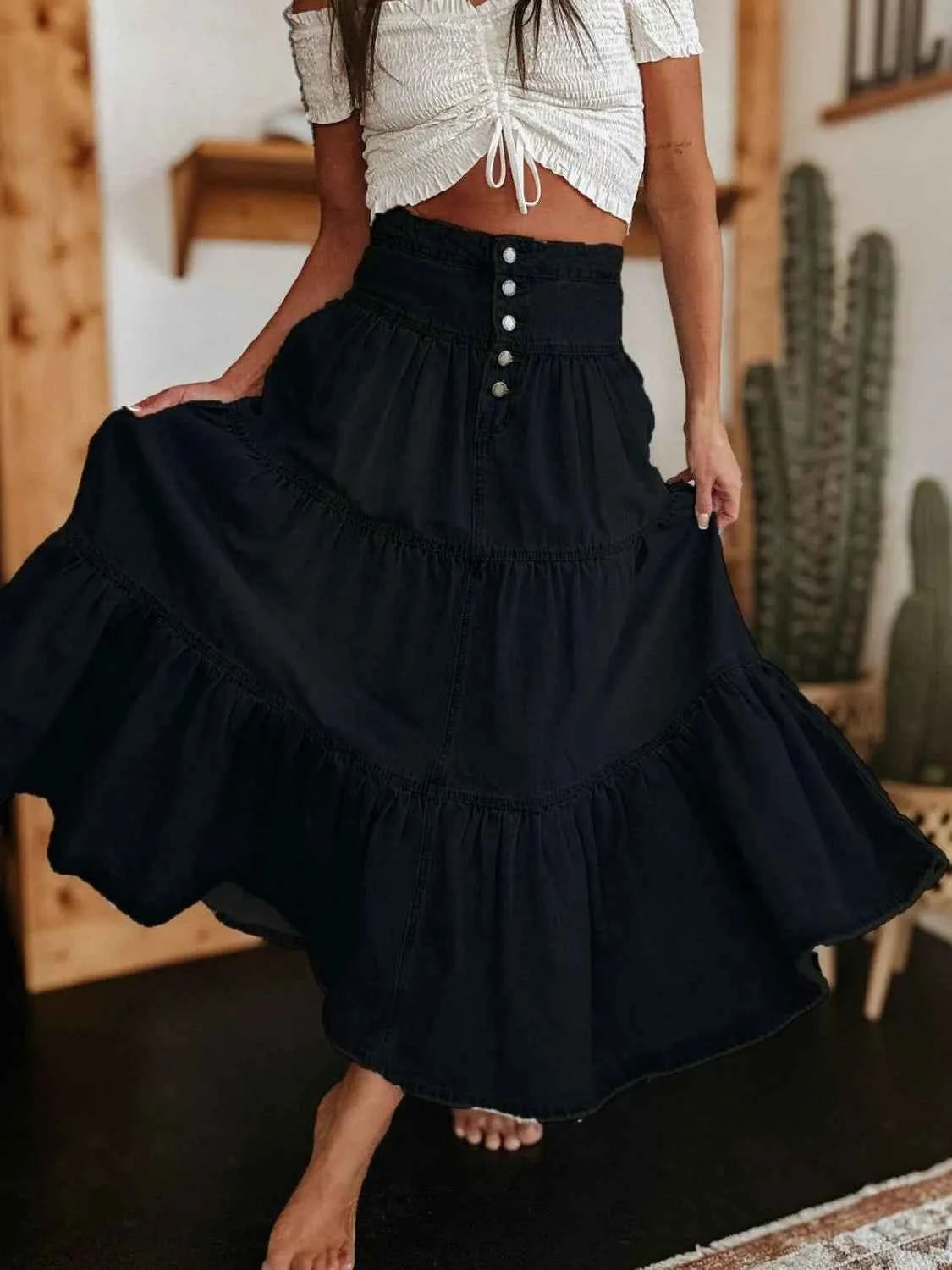 Ruched Button Fly Denim Skirt