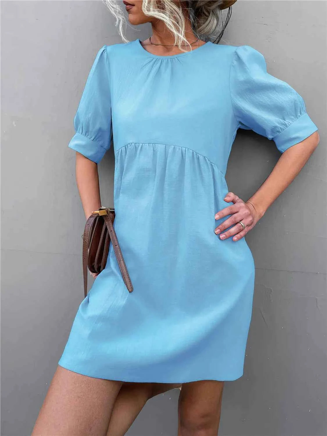 Signature Round Neck Puff Sleeve Mini Dress Pastel Blue S
