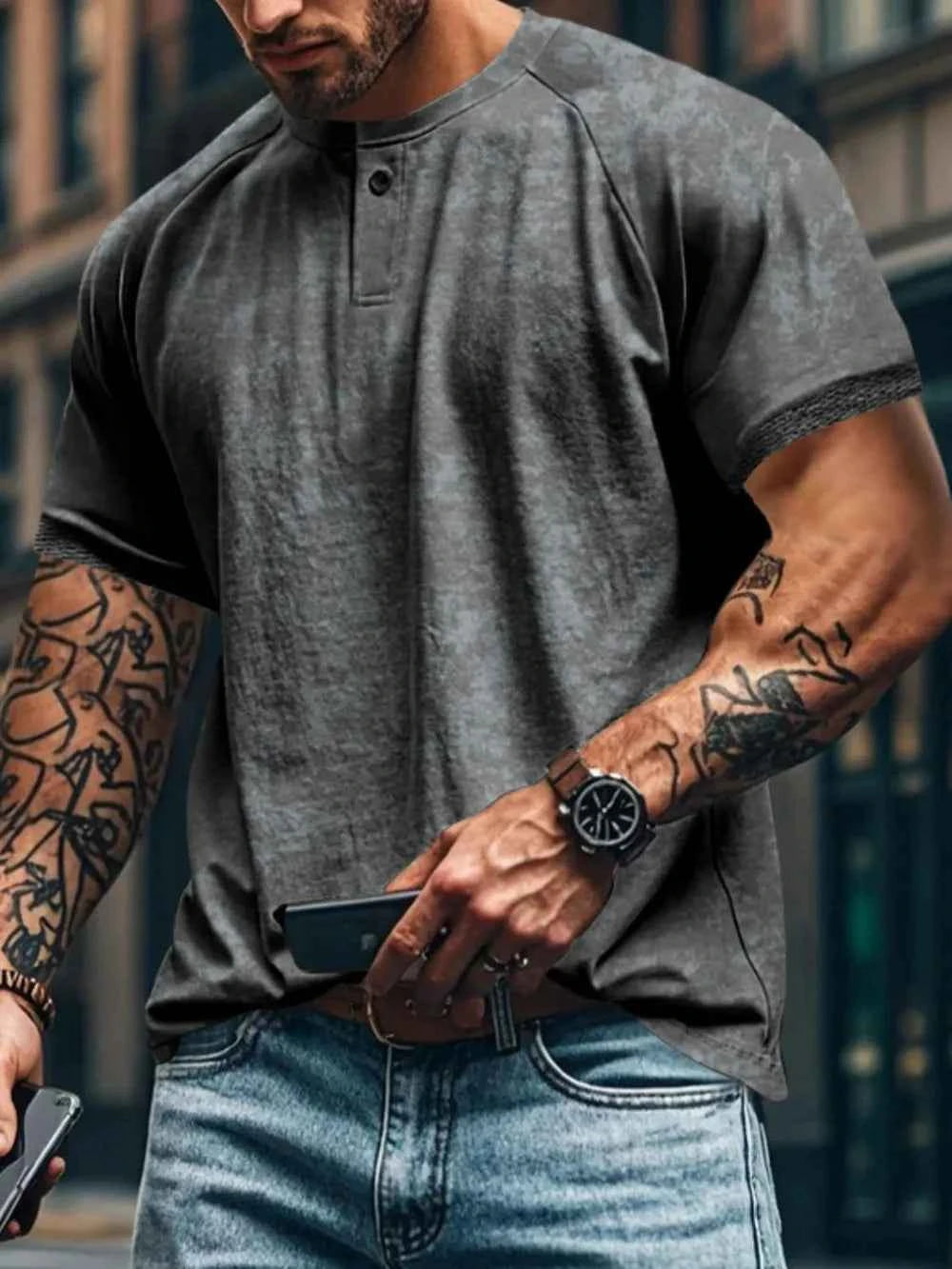Men's Full Size Round Neck Short Sleeve T-Shirt Plus Size Gray