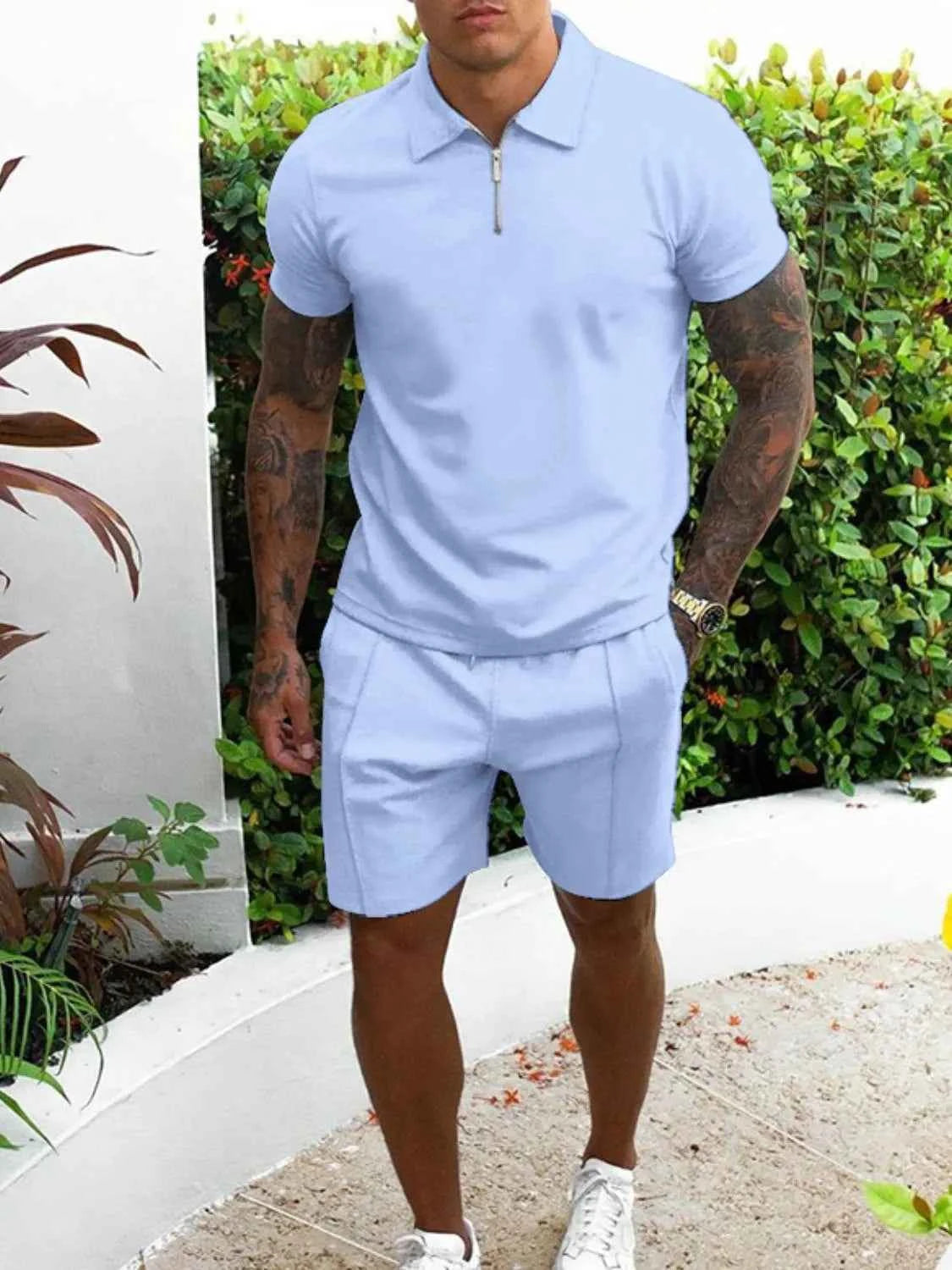 Men's Full Size Collared Neck Short Sleeve Top and Shorts Set Plus Size Light Blue