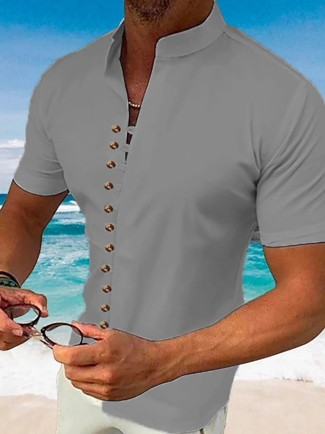 Men's Full Size Button Up Short Sleeve Shirt Plus Size Dark Gray