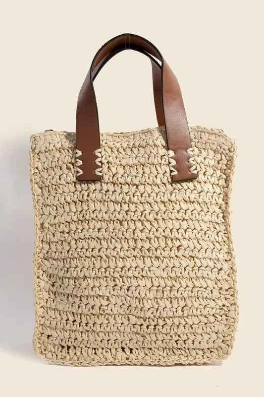 Fame Faux Leather Handle Straw Braided Handbag Iv One Size