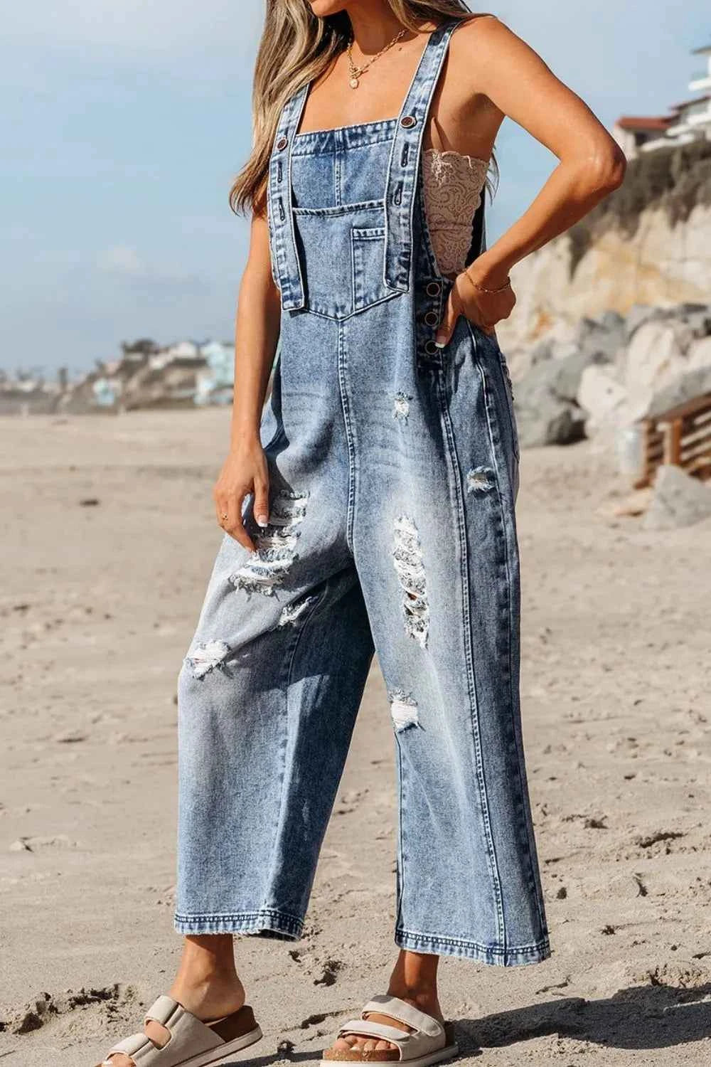Distressed Bib Pocket Wide Leg Denim Overalls