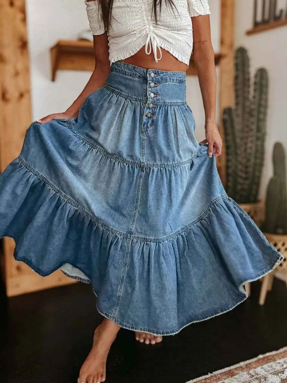 Ruched Button Fly Denim Skirt