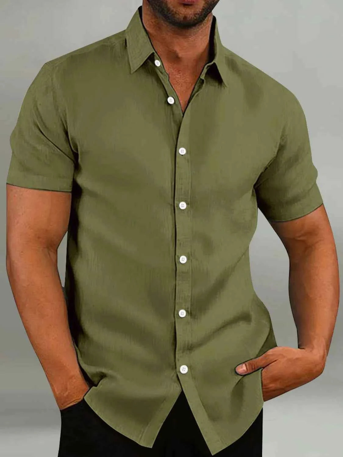 Men's Full Size Button Up Short Sleeve Shirt Plus Size Army Green