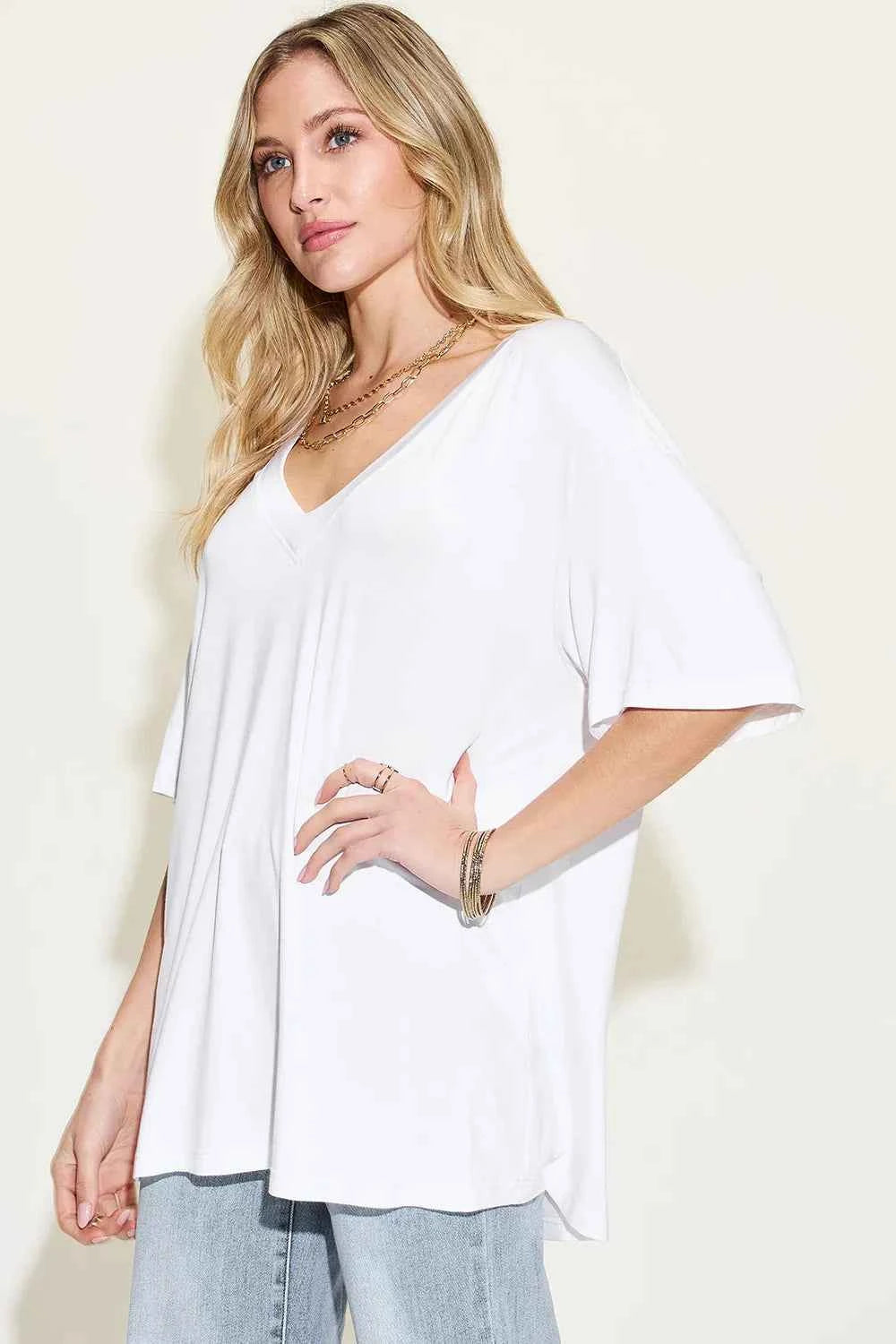 Basic Bae Full Size Bamboo V-Neck Drop Shoulder T-Shirt
